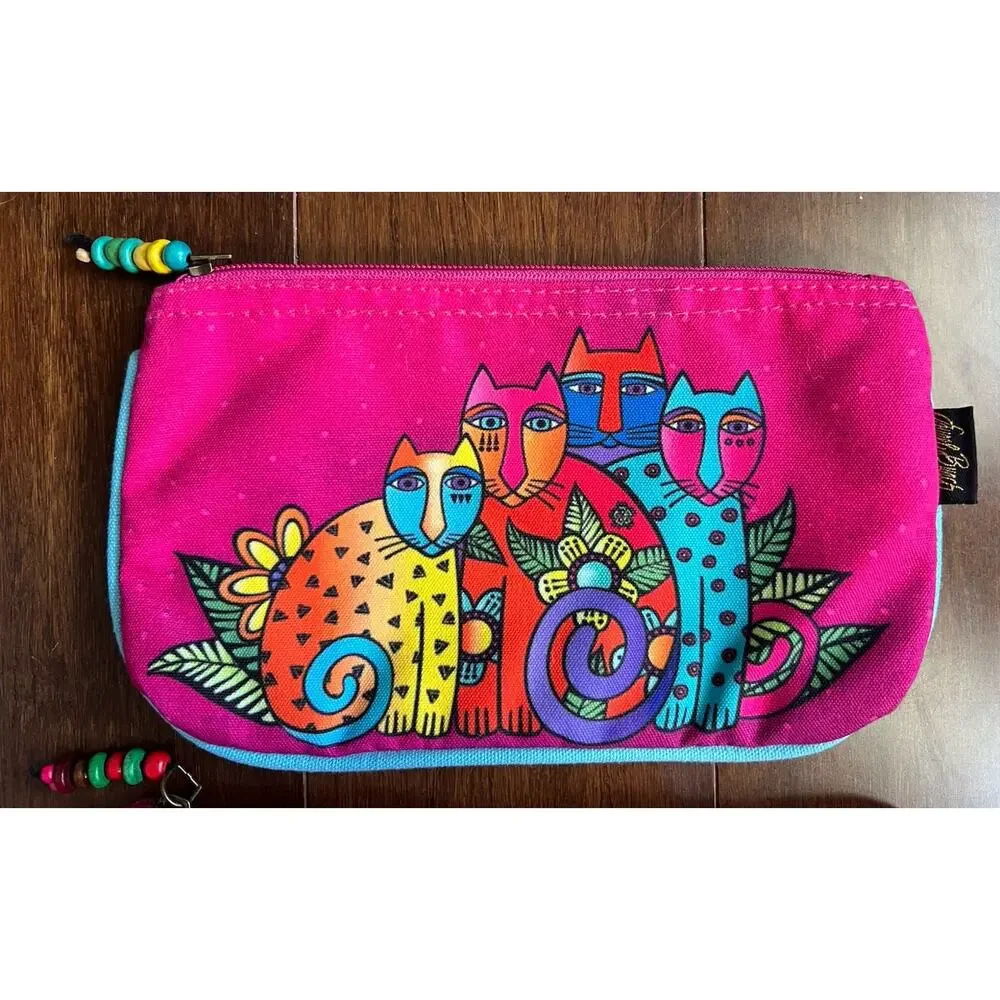 Laurel Burch Feline Clan Makeup Bag Set 2 Pouches Colorful Cats NWT